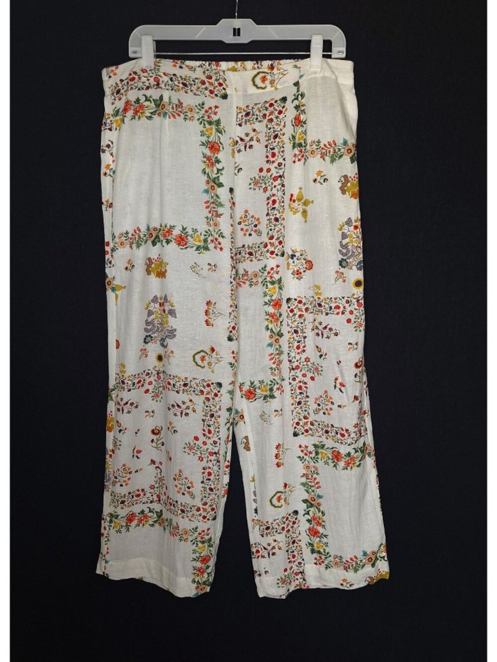 💙 ETHNC Linen Blend Floral Wide Leg Pull On Size L/XL Crop Pants White Boho Sum